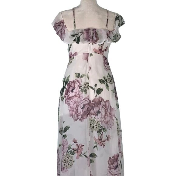 Trac Floral Off the Shoulder Maxi Dress S White Floral Zip Lined Adjustable - Picture 5 of 8